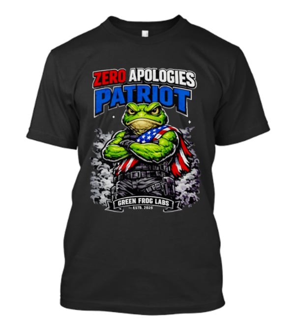 Zero Apologies Patriot Green Frog Labs Estd 2025 American Flag Frog T-Shirt
