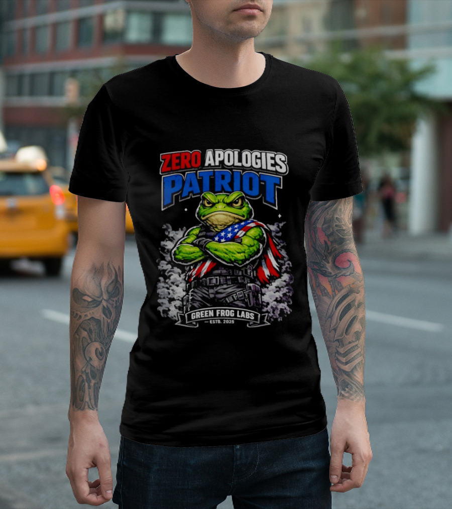 Zero Apologies Patriot Green Frog Labs Estd 2025 American Flag Frog T-Shirt