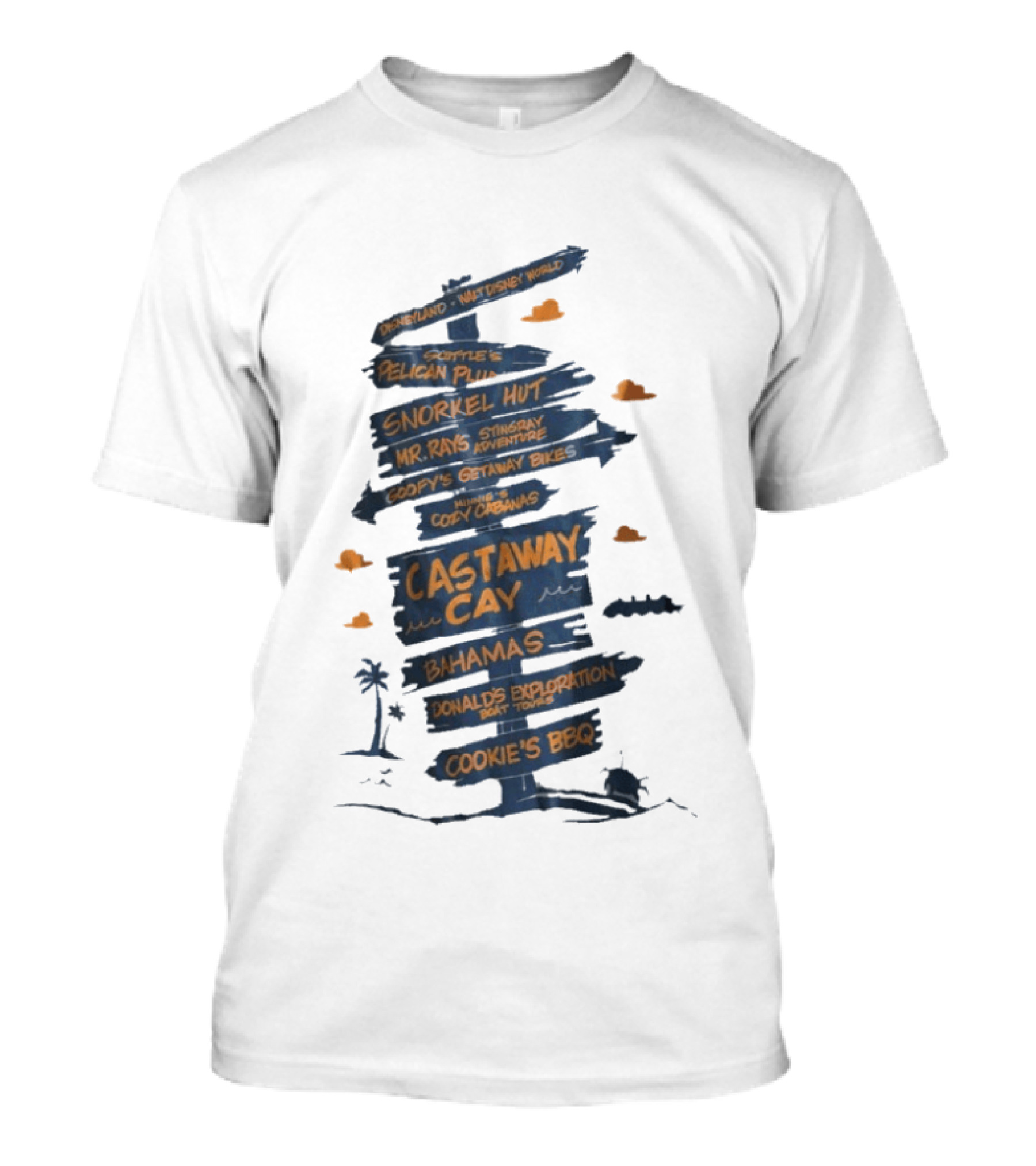 Castaway Cay Bahamas Adventure Signpost Donald's Boat Tours Cookie's BBQ T-Shirt