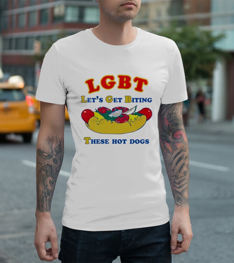 LGBT Let's Get Biting These Hot Dogs Playful Humor T-Shirt