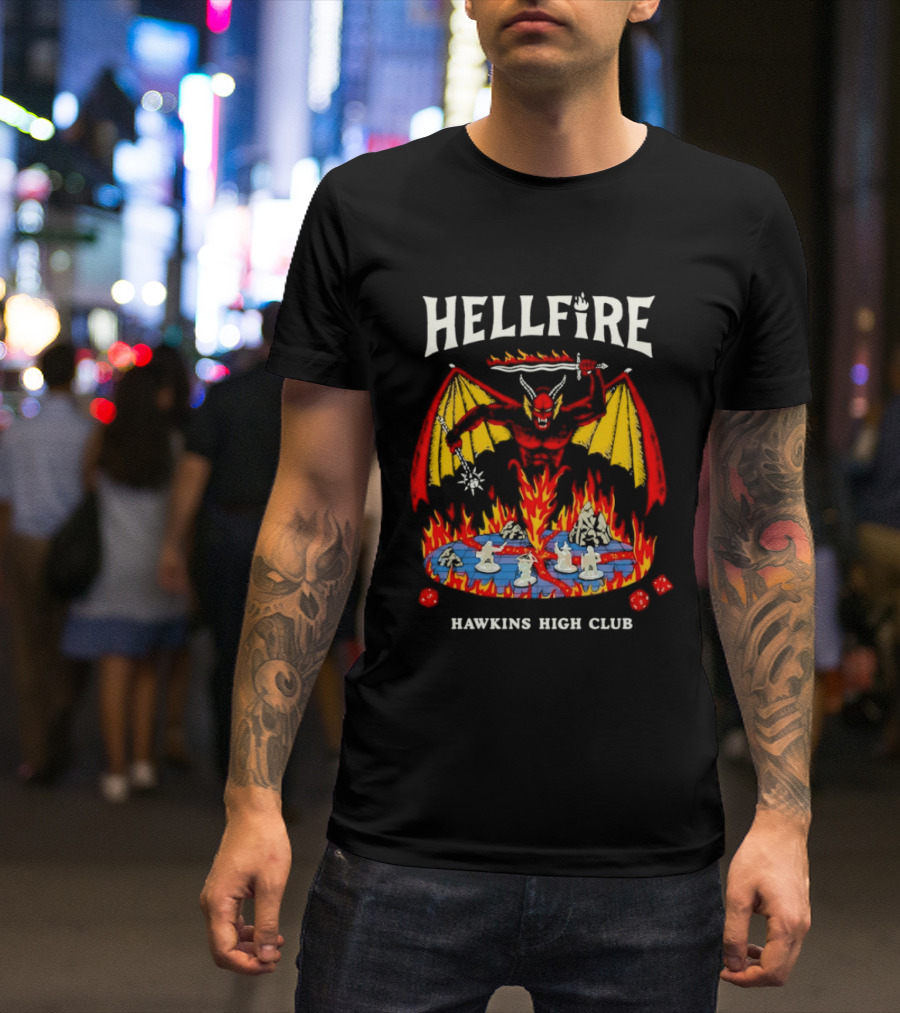 Hellfire Hawkins High Club Demon With Flames And Dice T-Shirt