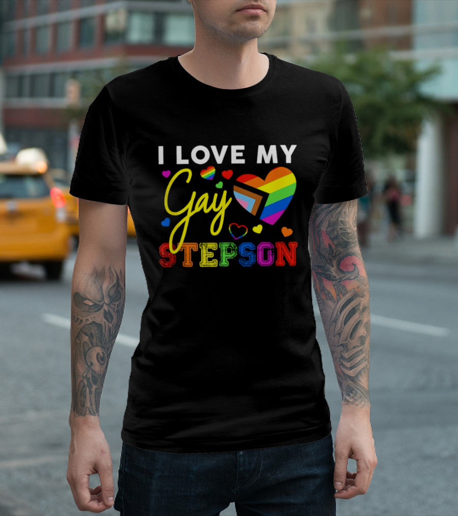I Love My Gay Stepson LGBT Pride Rainbow Heart T-Shirt