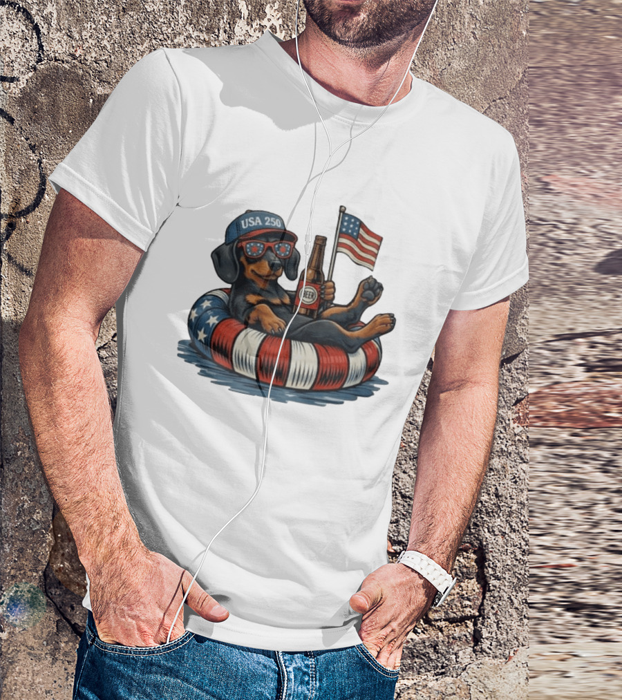 USA 250 Dachshund Floating With American Flag And Beer T-Shirt