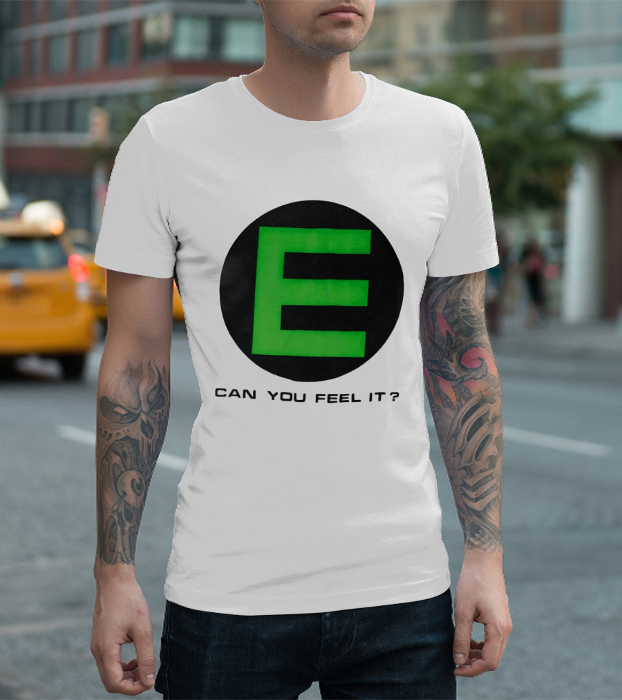 E Can You Feel It Green Block Letter T-Shirt