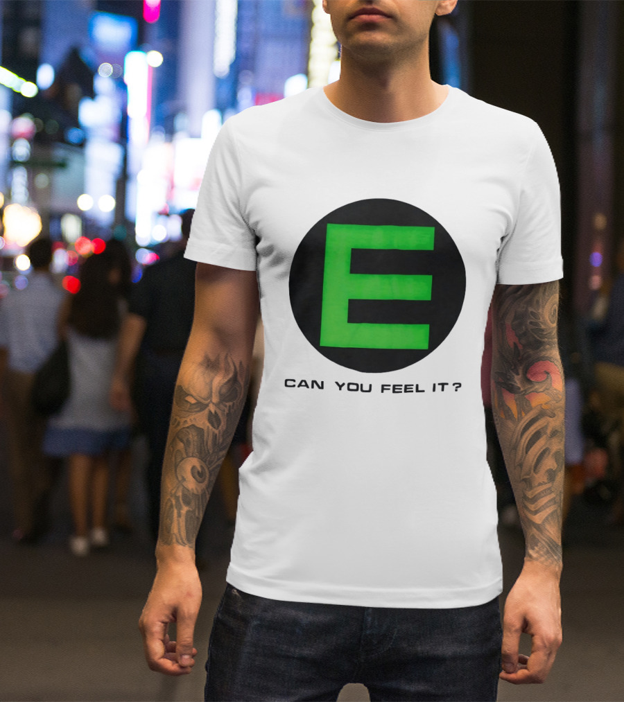 E Can You Feel It Green Block Letter T-Shirt