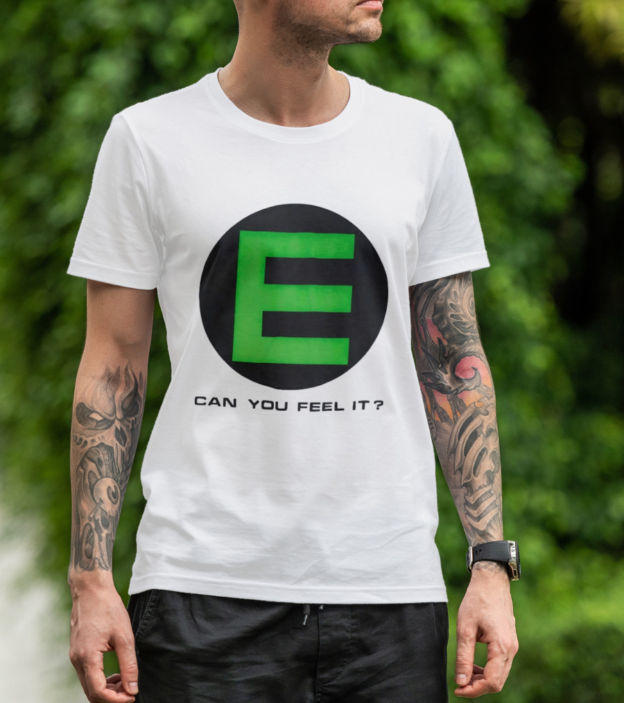 E Can You Feel It Green Block Letter T-Shirt