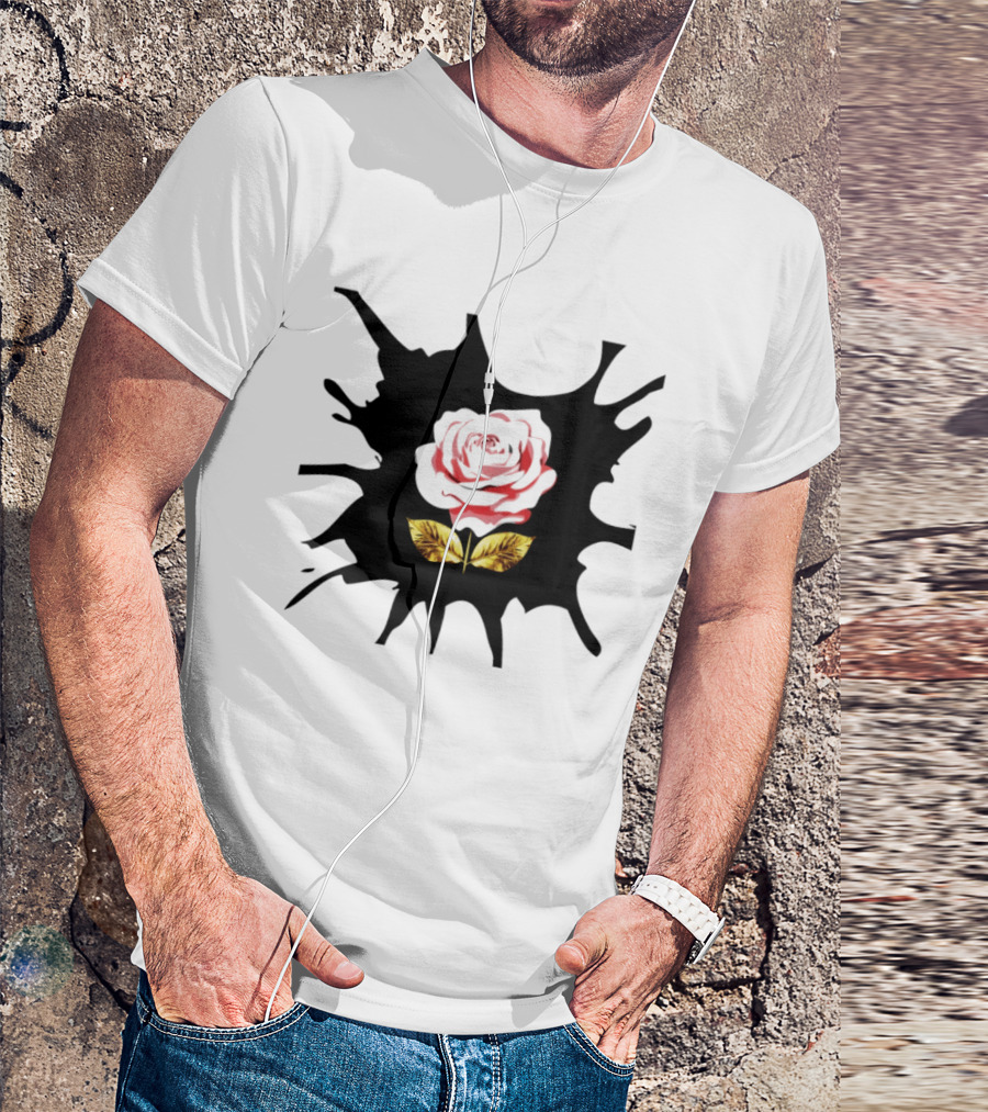 Elegant Pink Flower On Dark Splatter With Golden Leaves T-Shirt