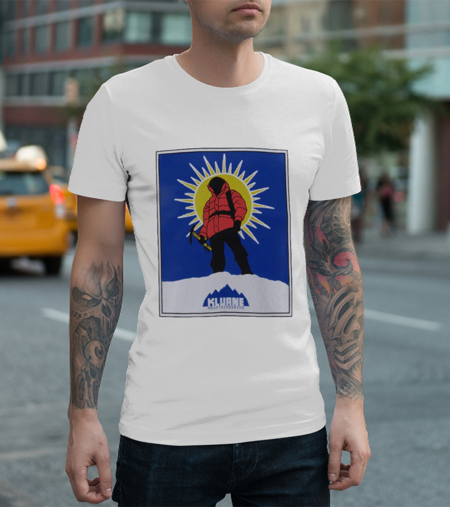 Kluane Mountaineering Hiker In Red Parka With Sunburst And Ice Axe T-Shirt