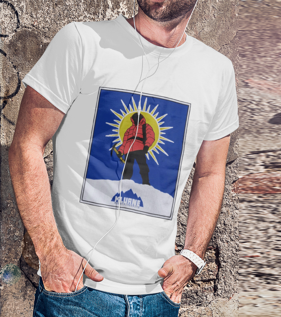 Kluane Mountaineering Hiker In Red Parka With Sunburst And Ice Axe T-Shirt
