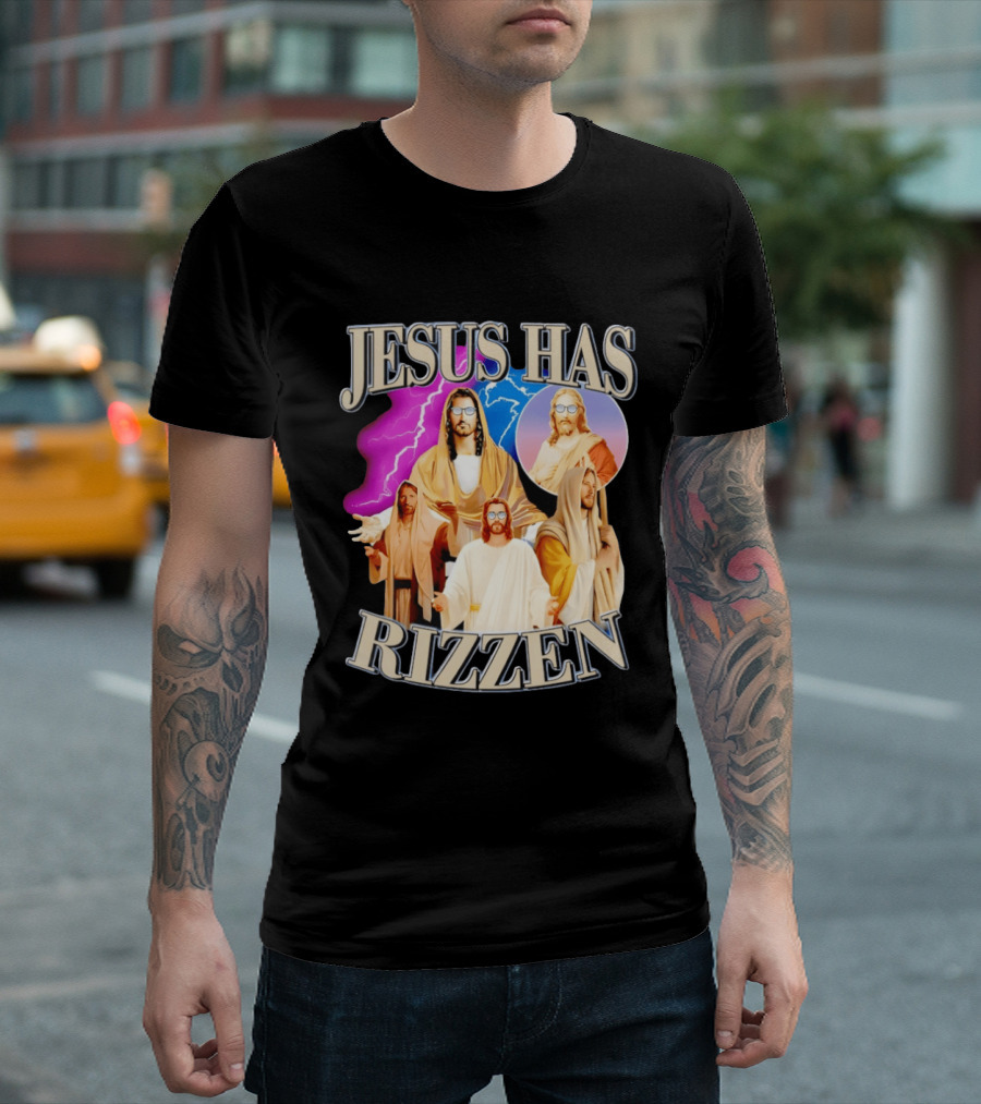 Jesus Has Rizz'en Meme Humor Lightning Vibes Sunglasses T-Shirt
