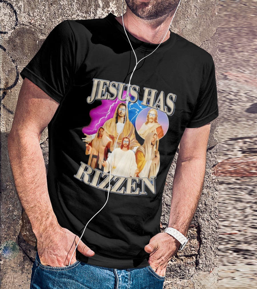 Jesus Has Rizz'en Meme Humor Lightning Vibes Sunglasses T-Shirt