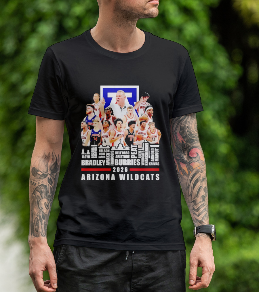 Arizona Wildcats Men's Basketball Coach And Players Final Four 2026 City Skyline Bradley Druries T-Shirt