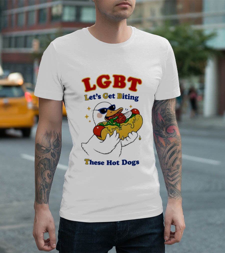LGBT Goose Let's Get Biting These Hot Dogs Fun Pride Humor T-Shirt