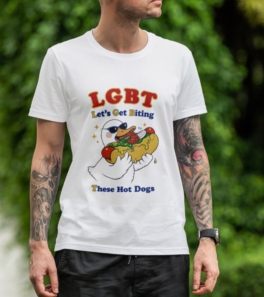 LGBT Goose Let's Get Biting These Hot Dogs Fun Pride Humor T-Shirt