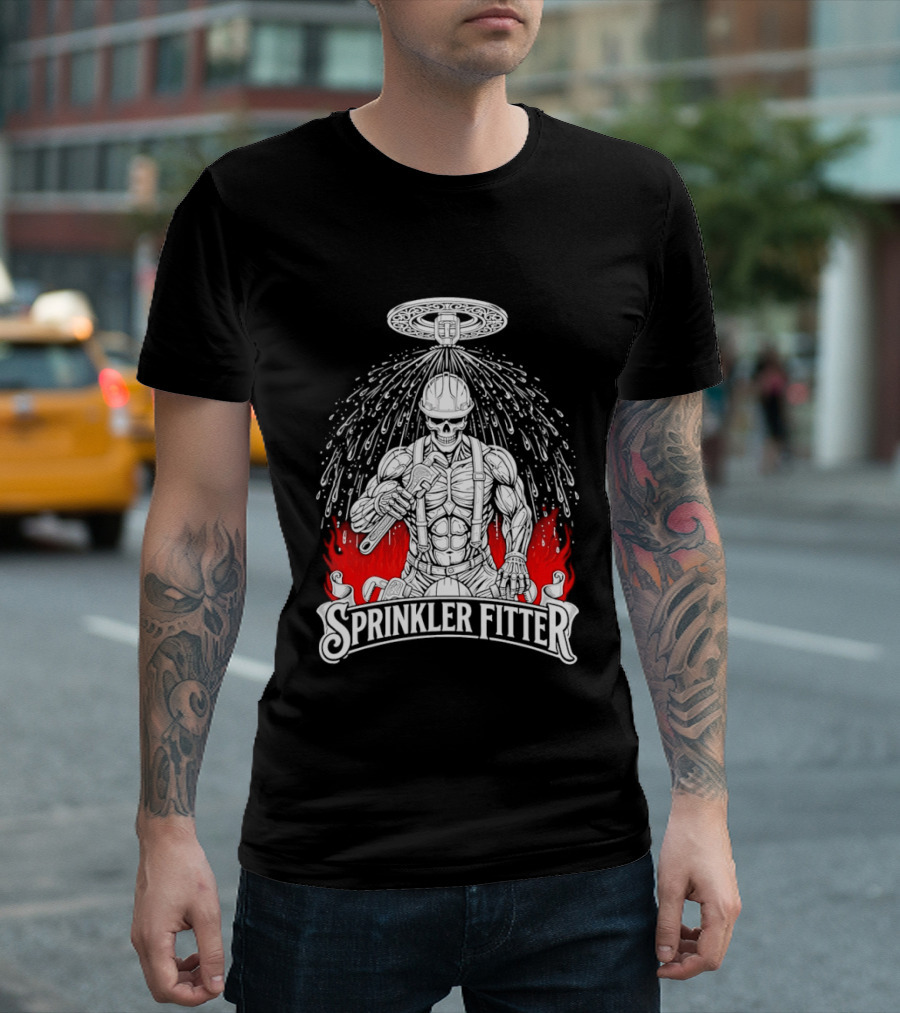 Skeleton Sprinkler Fitter With Fiery T-Shirt