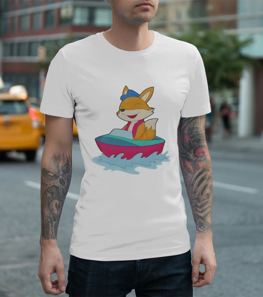 Cheerful Fox Sailing In Colorful Boat With Blue Hat And Pink Life Vest T-Shirt