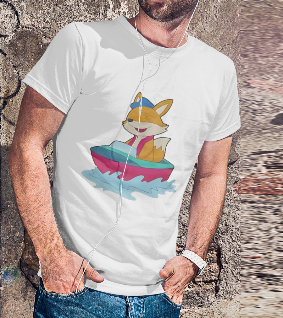 Cheerful Fox Sailing In Colorful Boat With Blue Hat And Pink Life Vest T-Shirt