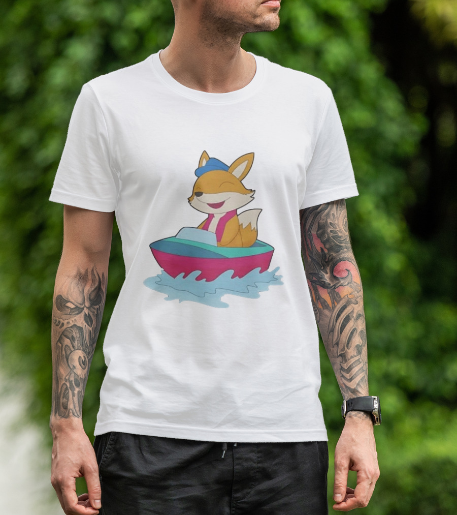 Cheerful Fox Sailing In Colorful Boat With Blue Hat And Pink Life Vest T-Shirt