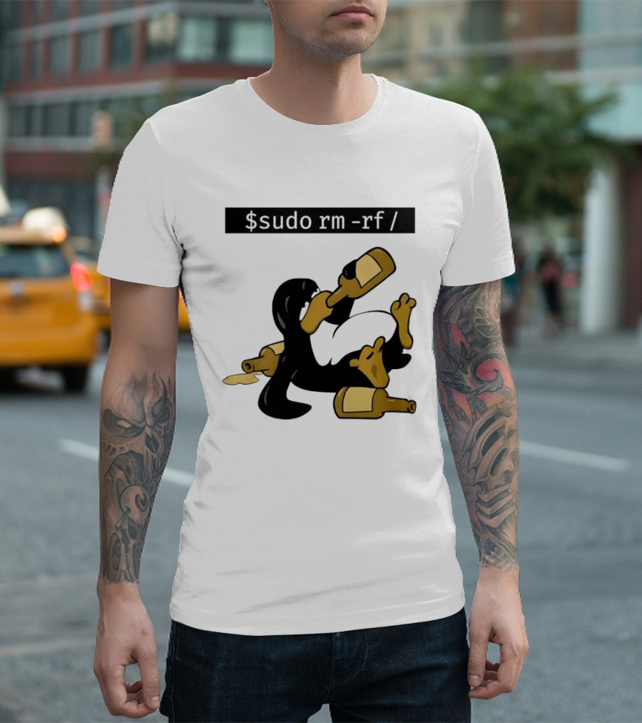 Penguin Linux Tux Drunk Sudo Rm Rf Command Bottles T-Shirt