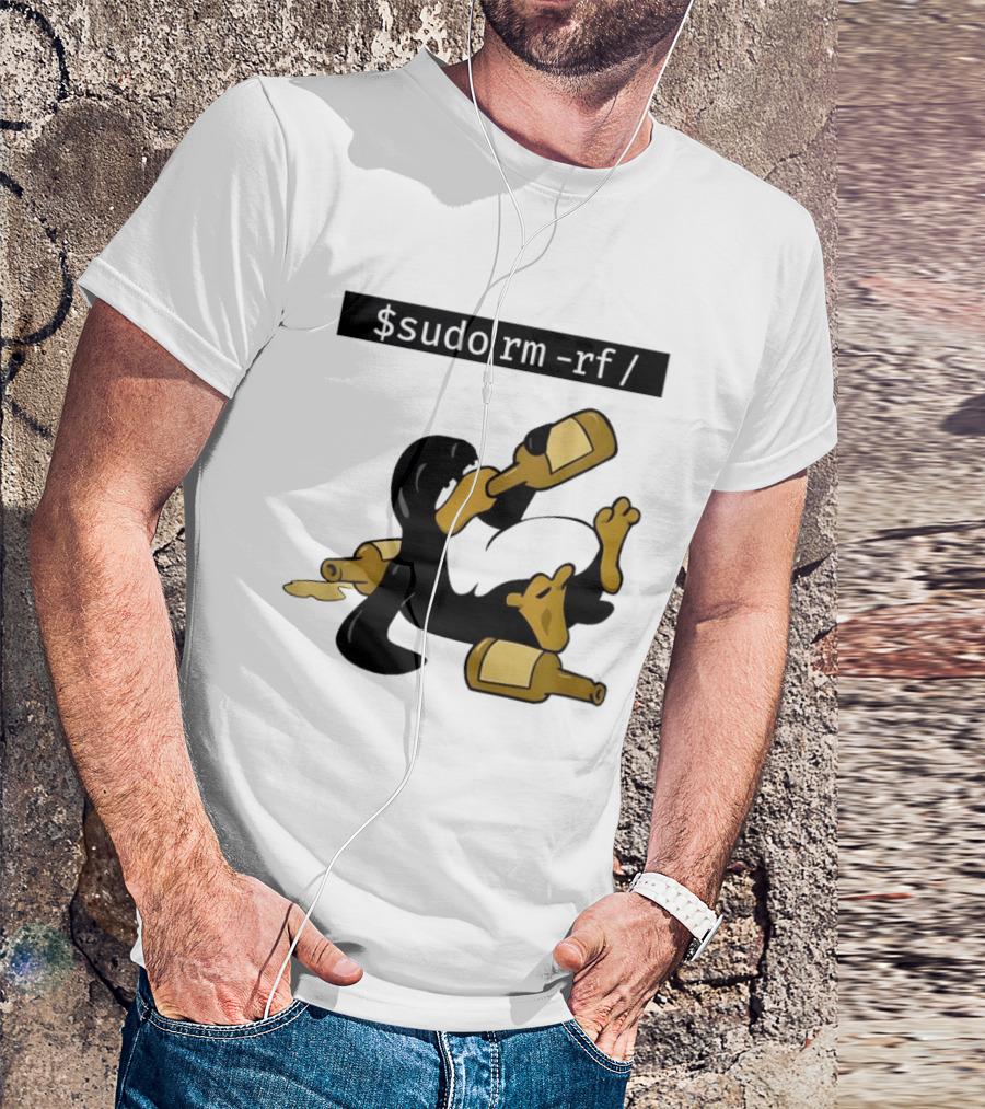 Penguin Linux Tux Drunk Sudo Rm Rf Command Bottles T-Shirt