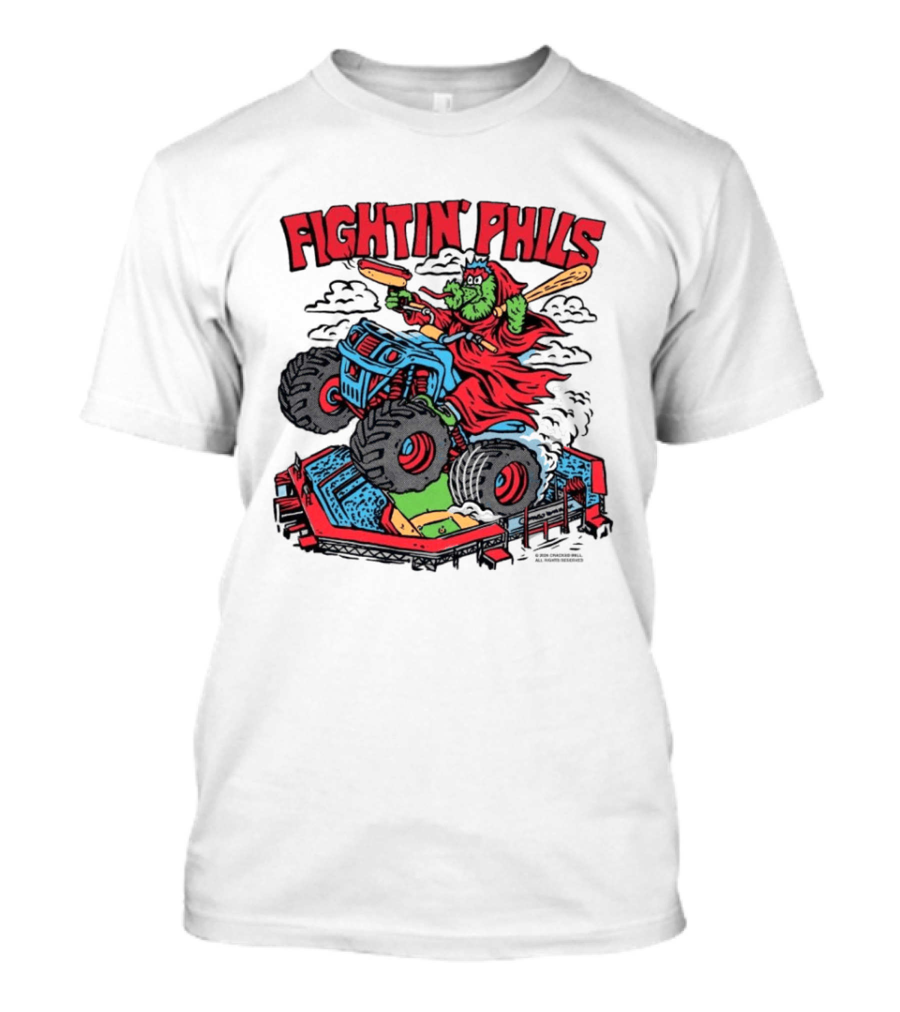 Fightin' Phils Monster Truck Creature Riding Over Baseball Stadium With Bats T-Shirt