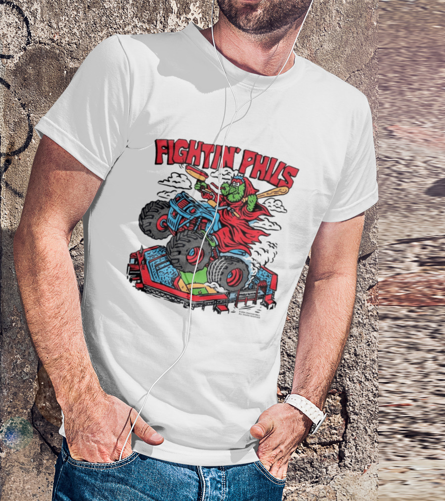 Fightin' Phils Monster Truck Creature Riding Over Baseball Stadium With Bats T-Shirt