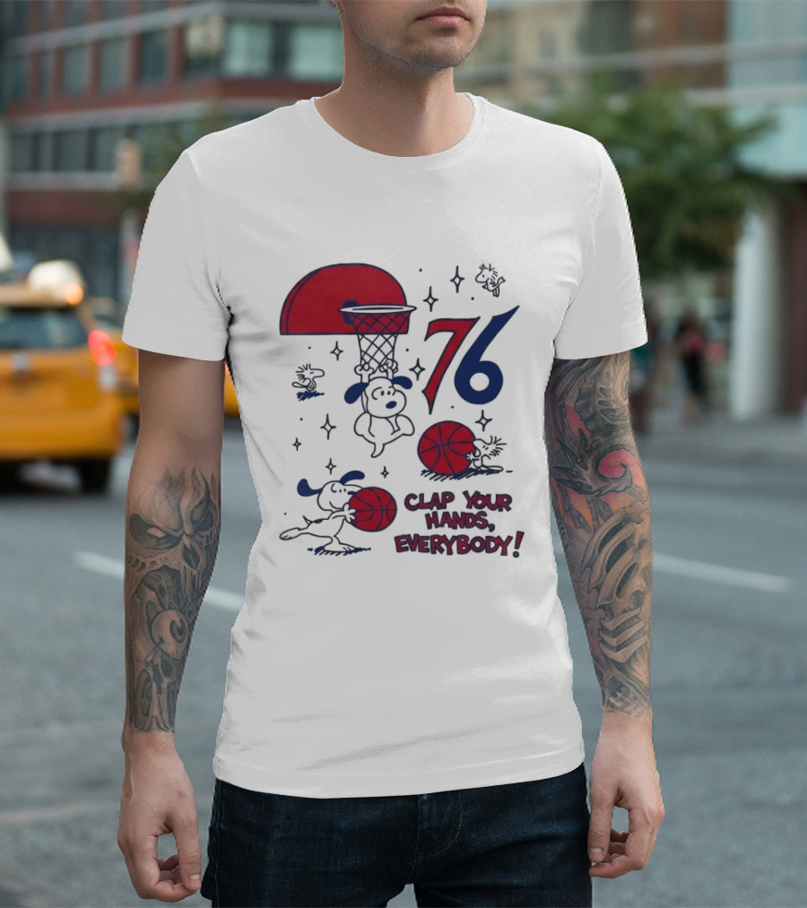Snoopy Philadelphia 76ers Clap Your Hands Everybody Basketball Theme With Red And Blue T-Shirt