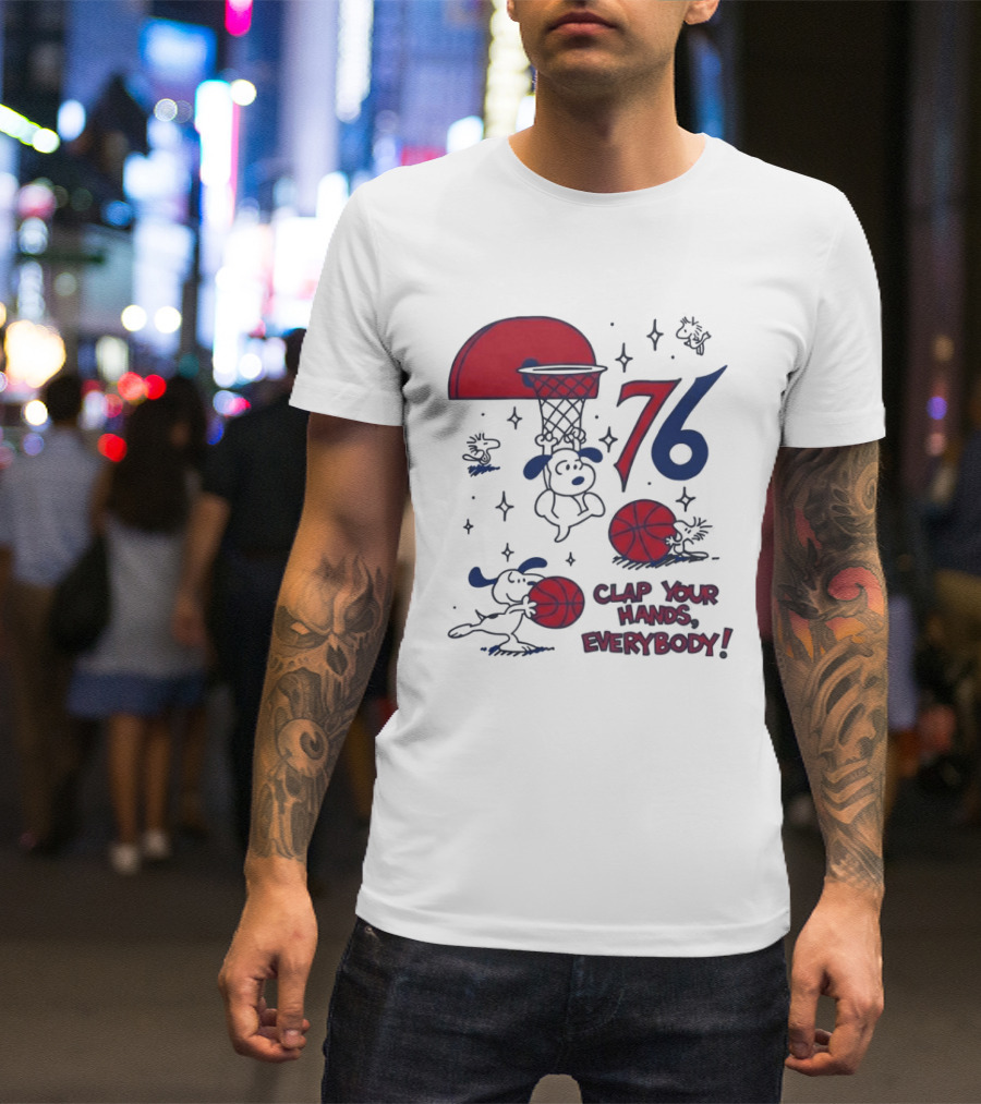 Snoopy Philadelphia 76ers Clap Your Hands Everybody Basketball Theme With Red And Blue T-Shirt