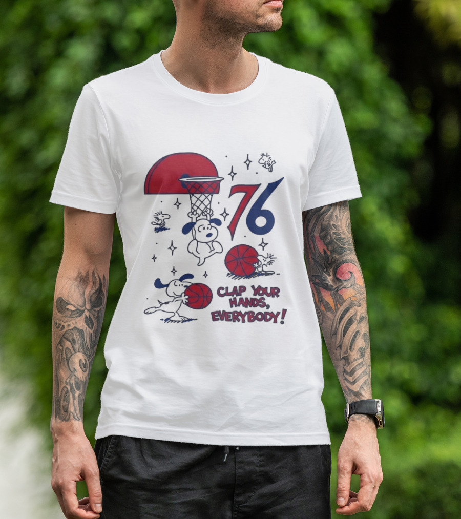 Snoopy Philadelphia 76ers Clap Your Hands Everybody Basketball Theme With Red And Blue T-Shirt