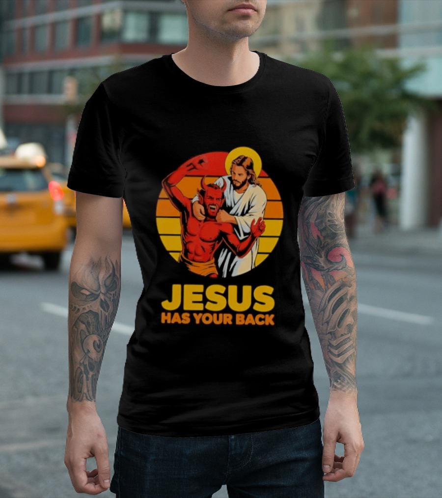 Jesus Has Your Back Vintage Illustration With Devil And Halo Symbolism T-Shirt