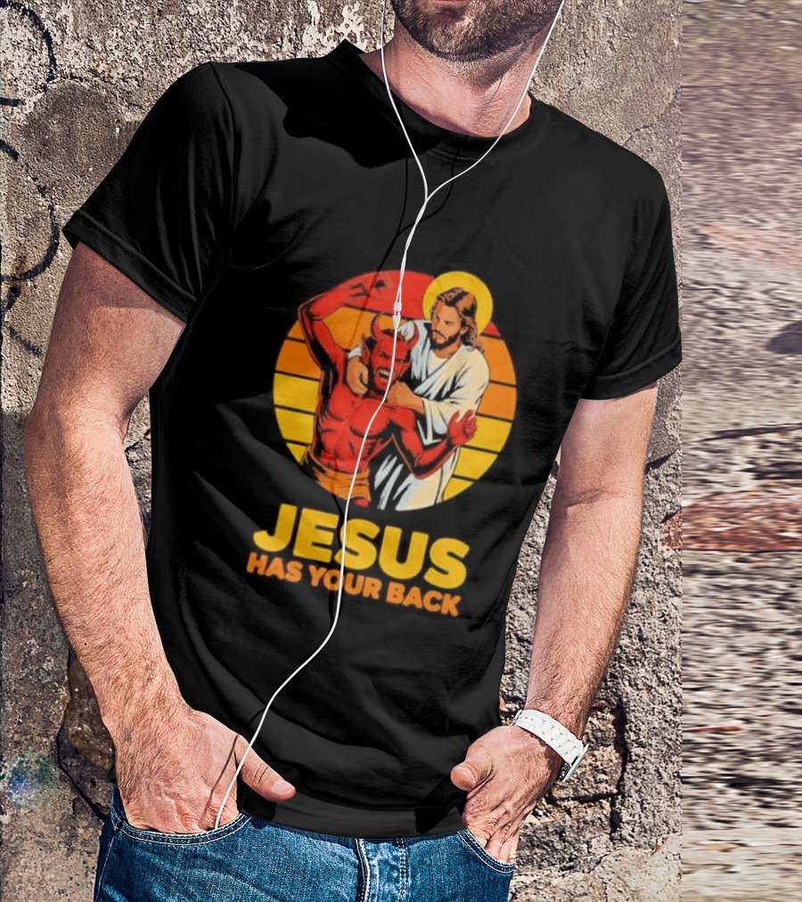Jesus Has Your Back Vintage Illustration With Devil And Halo Symbolism T-Shirt
