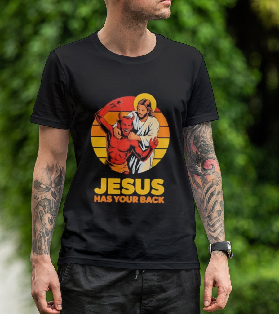 Jesus Has Your Back Vintage Illustration With Devil And Halo Symbolism T-Shirt