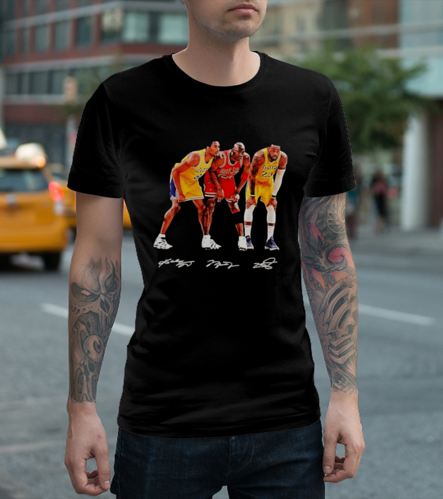 Kobe Bryant Michael Jordan LeBron James Lakers Bulls Signatures Legend Basketball T-Shirt