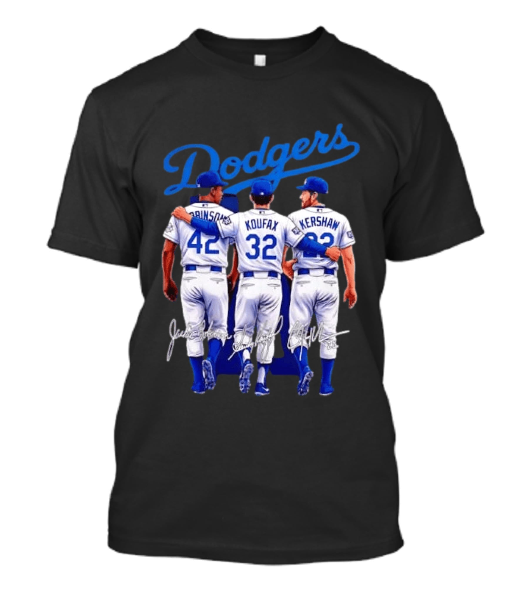 Los Angeles Dodgers Legendary Trio Jackie Robinson Sandy Koufax Clayton Kershaw Signatures T-Shirt