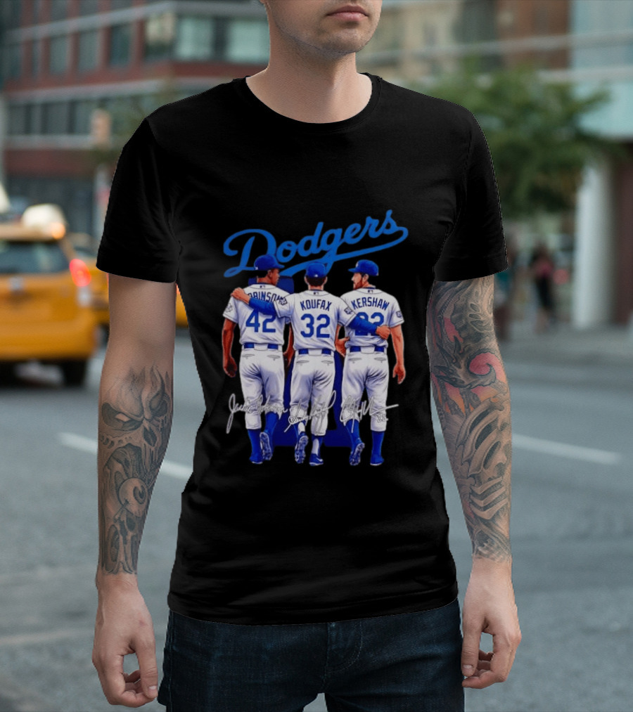 Los Angeles Dodgers Legendary Trio Jackie Robinson Sandy Koufax Clayton Kershaw Signatures T-Shirt