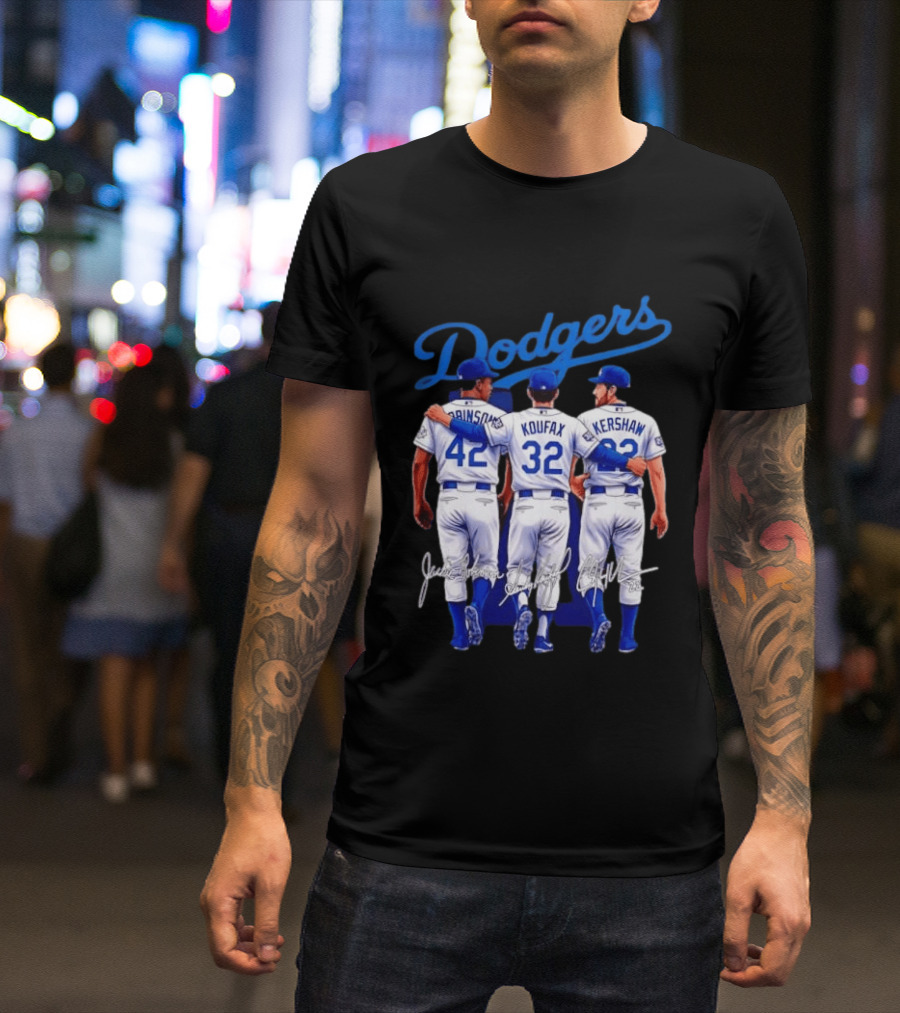 Los Angeles Dodgers Legendary Trio Jackie Robinson Sandy Koufax Clayton Kershaw Signatures T-Shirt