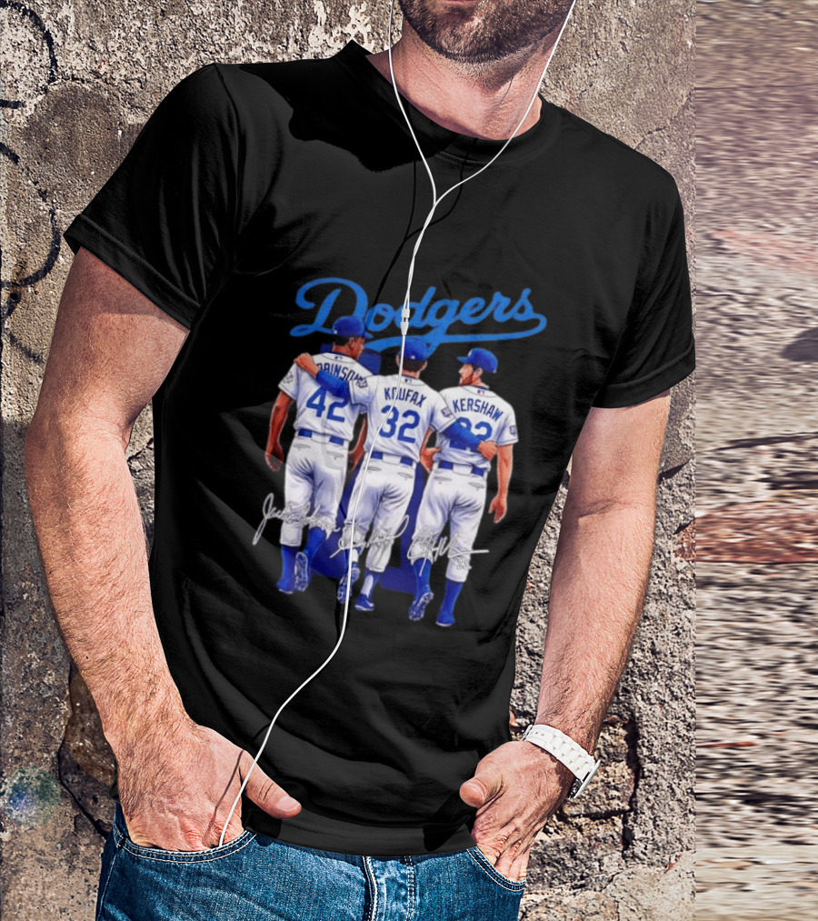 Los Angeles Dodgers Legendary Trio Jackie Robinson Sandy Koufax Clayton Kershaw Signatures T-Shirt