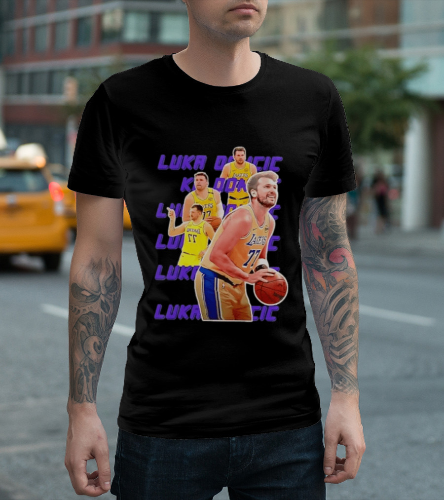 Luka Doncic Lakers 77 Action Shot Multiple Pose Purple Basketball Display T-Shirt