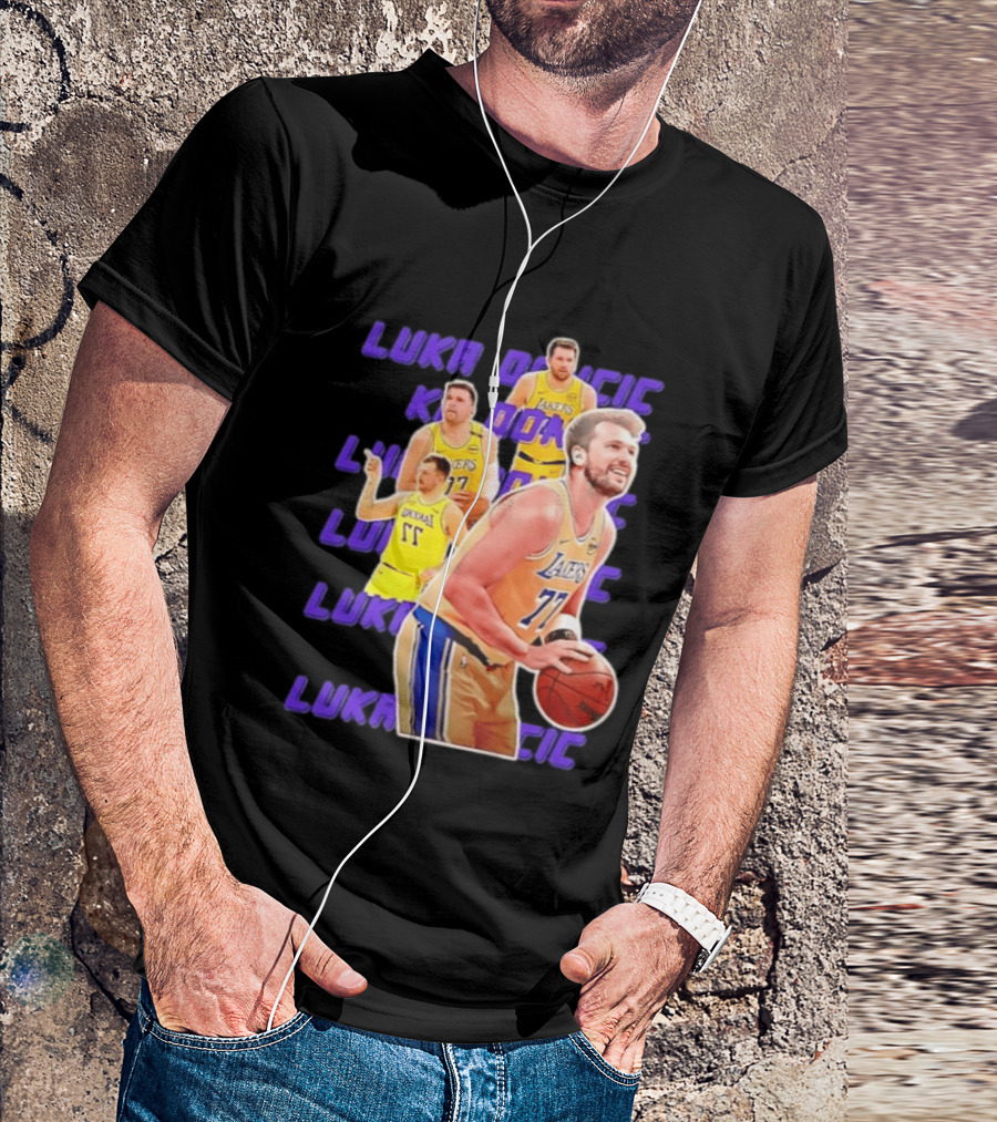 Luka Doncic Lakers 77 Action Shot Multiple Pose Purple Basketball Display T-Shirt