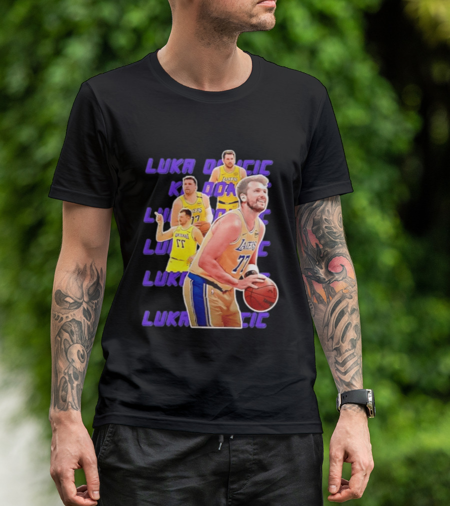 Luka Doncic Lakers 77 Action Shot Multiple Pose Purple Basketball Display T-Shirt