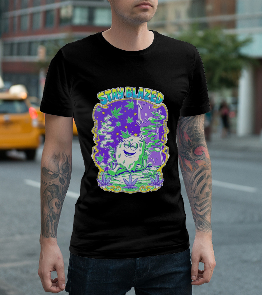 Stay Blazed Trippy Cannabis Character Psychedelic Art Leafs And Mushrooms T-Shirt