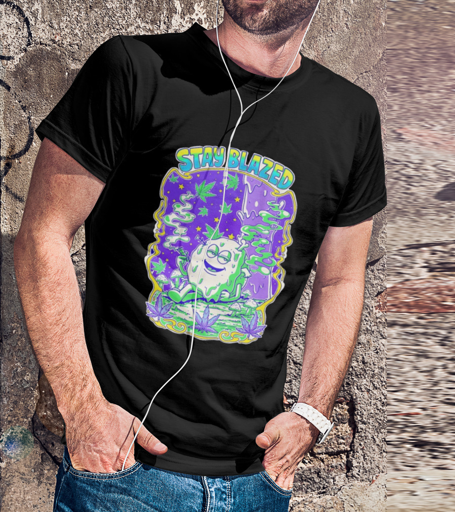 Stay Blazed Trippy Cannabis Character Psychedelic Art Leafs And Mushrooms T-Shirt