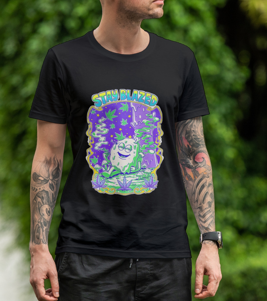 Stay Blazed Trippy Cannabis Character Psychedelic Art Leafs And Mushrooms T-Shirt