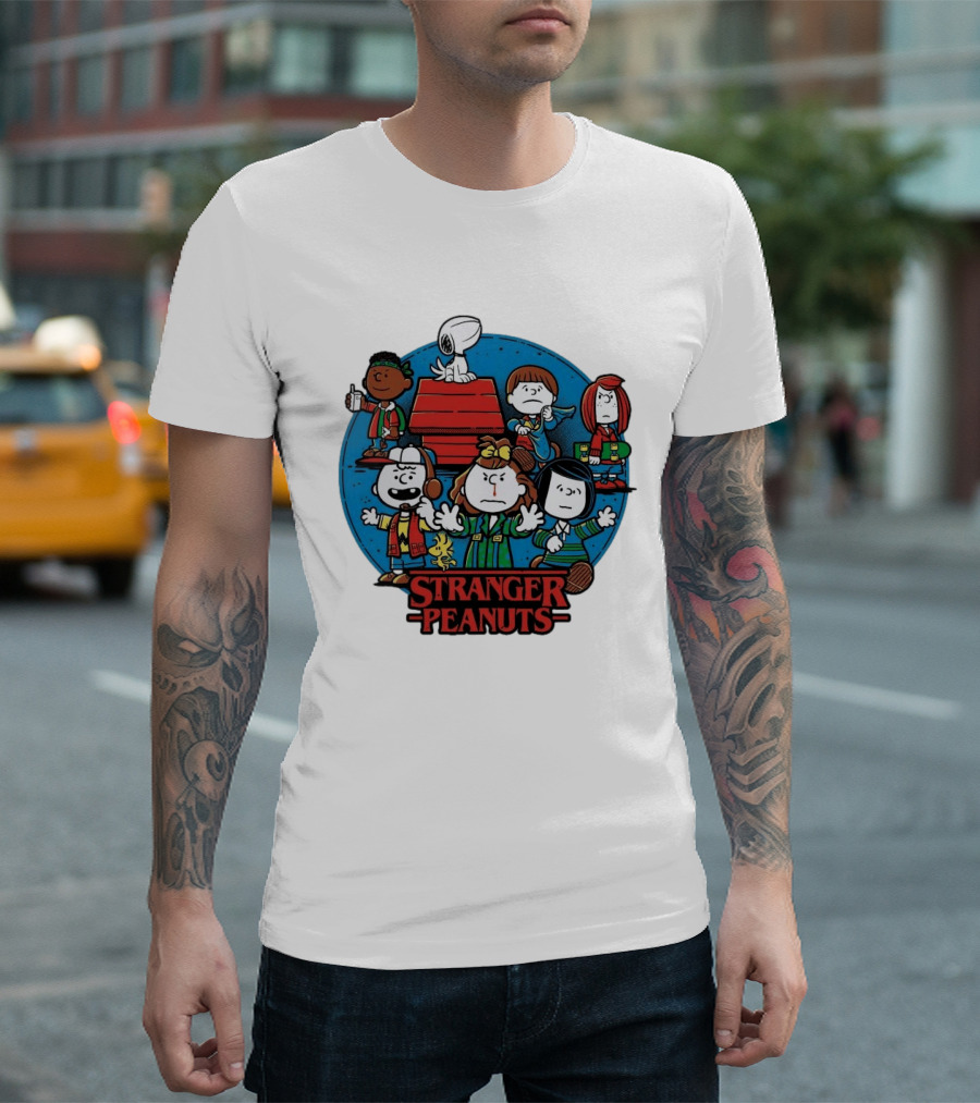 Stranger Peanuts Cartoon Characters Crossover Red Doghouse Blue Circle T-Shirt
