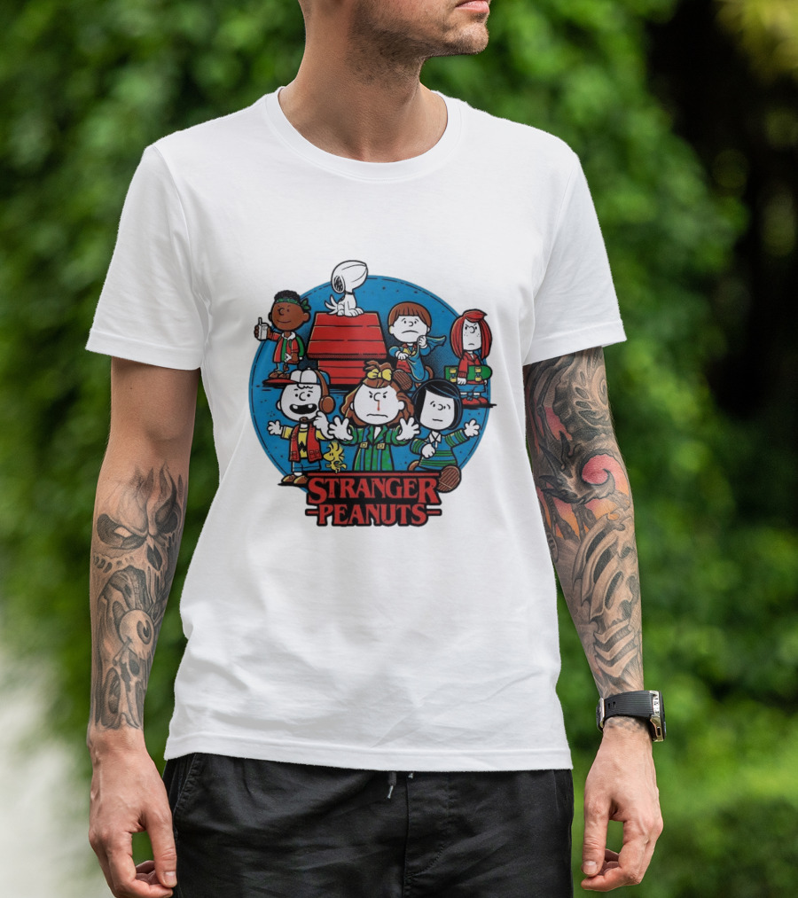 Stranger Peanuts Cartoon Characters Crossover Red Doghouse Blue Circle T-Shirt