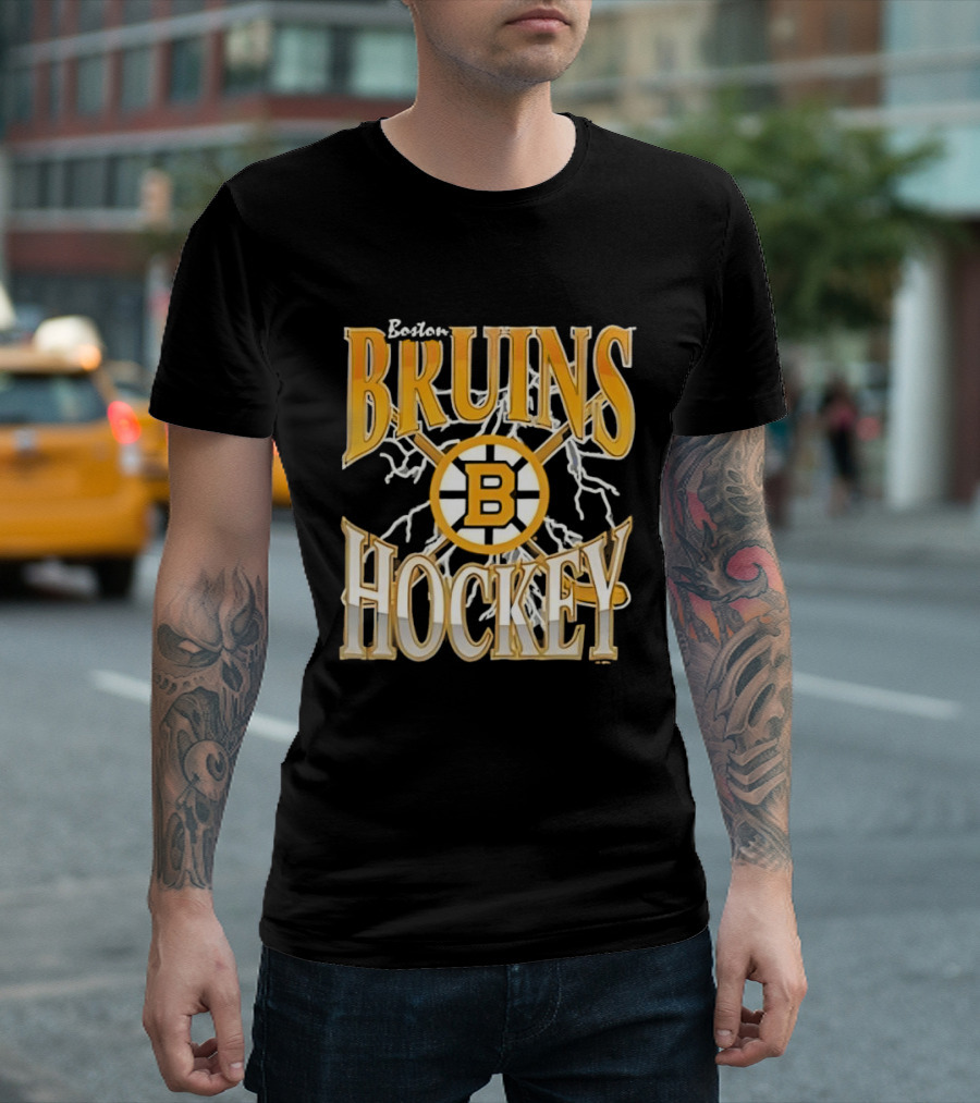 Boston Bruins Hockey B Logo Crossed Sticks Lightning T-Shirt