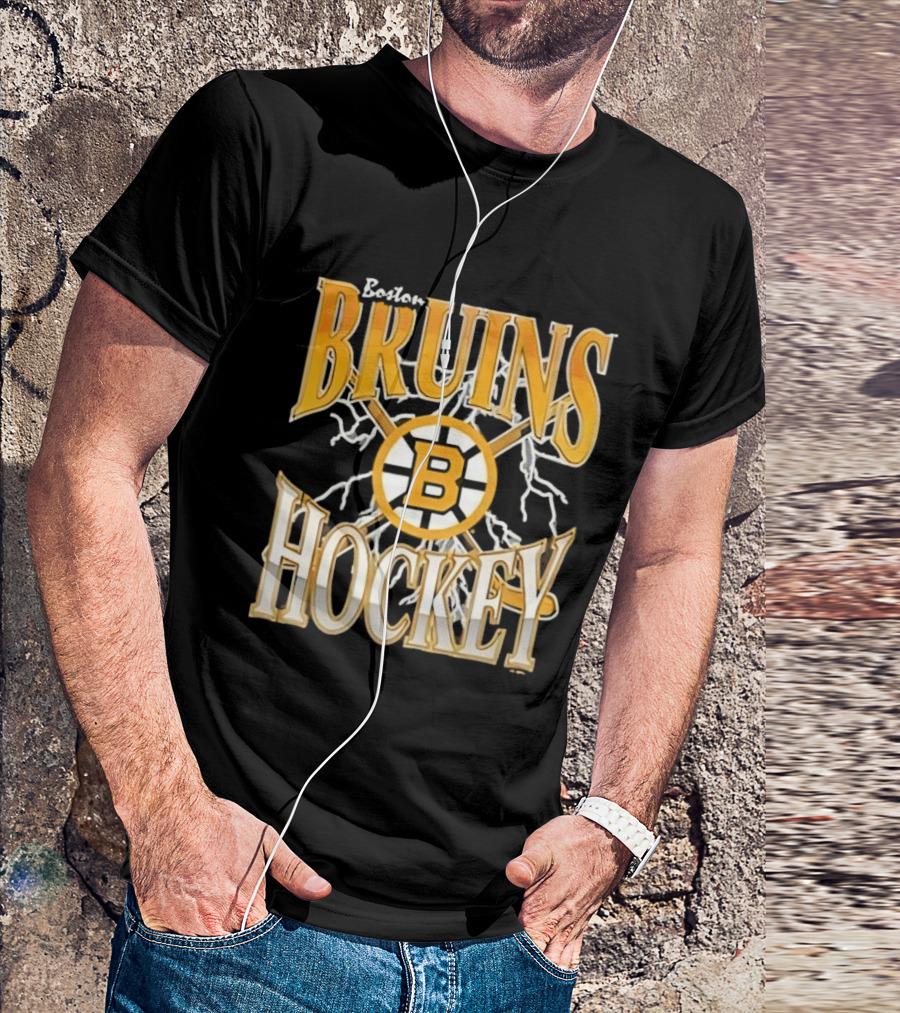 Boston Bruins Hockey B Logo Crossed Sticks Lightning T-Shirt