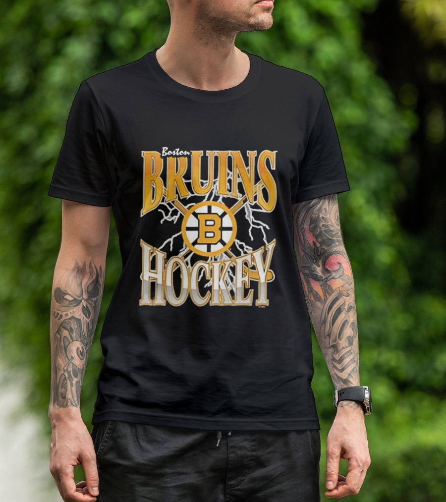 Boston Bruins Hockey B Logo Crossed Sticks Lightning T-Shirt