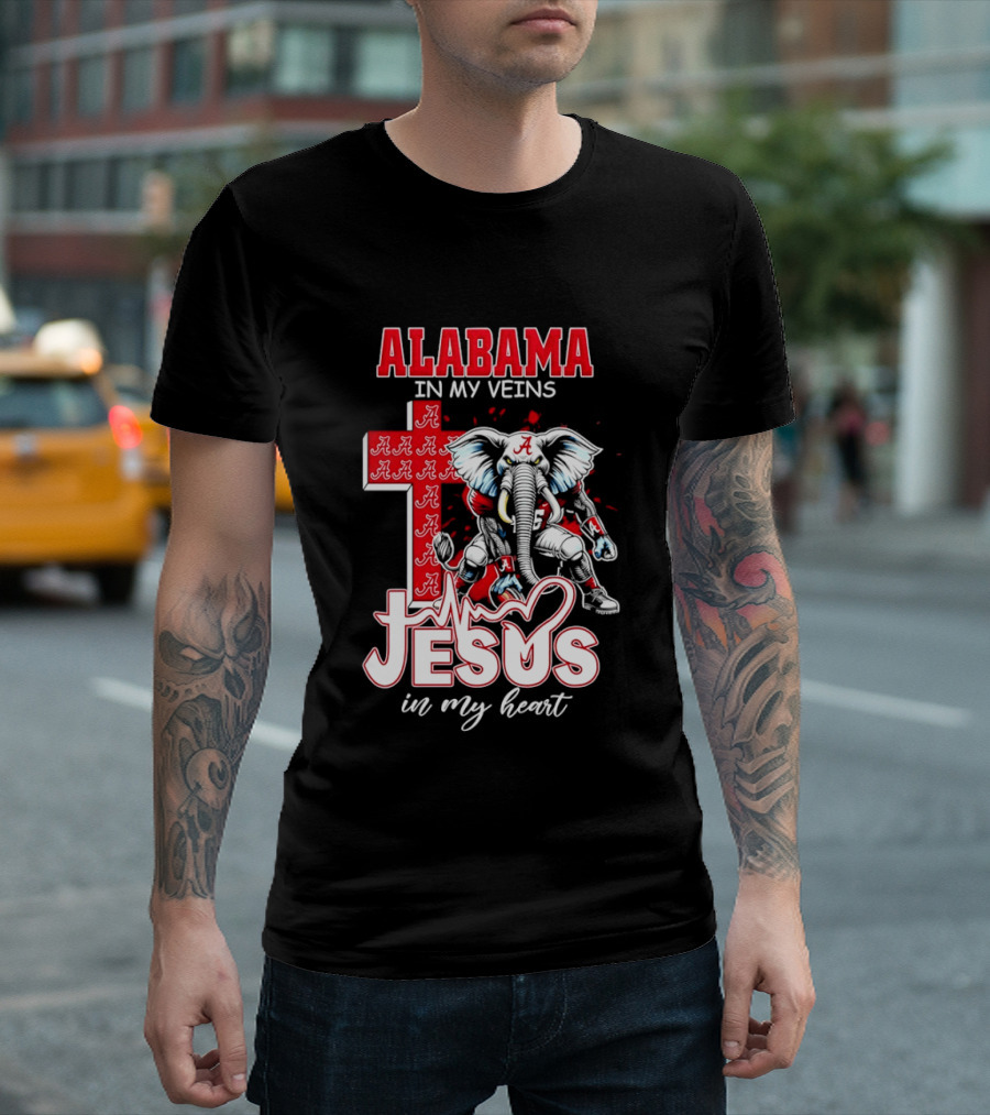 Alabama Crimson Tide In My Veins Jesus In My Heart Elephant Cross T-Shirt