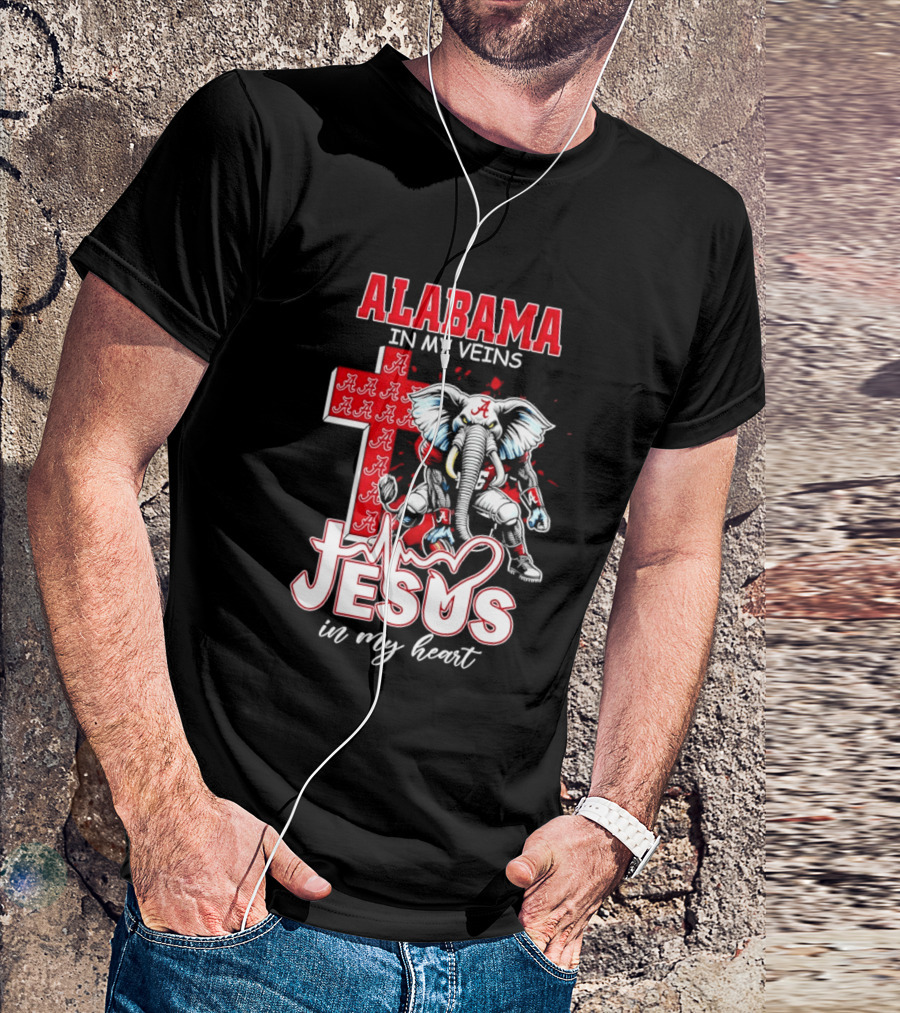 Alabama Crimson Tide In My Veins Jesus In My Heart Elephant Cross T-Shirt